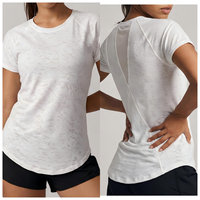T-shirt de yoga ample à manches courtes et col rond en soie glacée jacquard ajouré, respirant, séchage rapide, extensible dans les quatre sens, idéal pour l'été