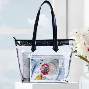 Sac fourre-tout en PVC transparent avec logo personnalisé imprimé, fermeture à glissière et poignée en cuir, imperméable, cadeau, voyage, messager - Product Image 1