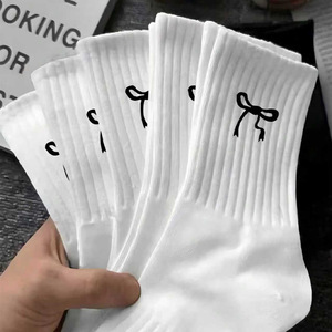 Women's Crew Socks White Bow Letter Design Mid-Calf Breathable Casual Daily Wear Sports Socks - Product Image 1