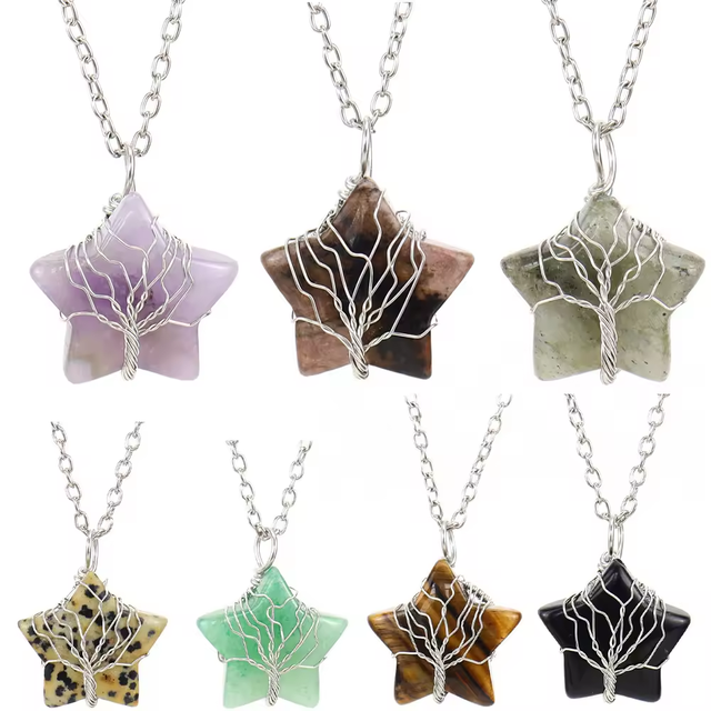 Natural Crystal Chakra Reiki Pentagram Star Pendant Wire Wrapped Tree of Life Pendant Necklace Crystal Link Chain Necklace