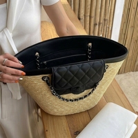 Sac fourre-tout de plage en paille tressée tendance 2026 pour femme, avec garniture en cuir véritable, ajouré, grande capacité, sac à bandoulière d'été avec chaîne