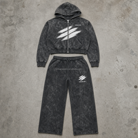 Ensemble décontracté pour homme personnalisé, haut à manches zippées avec motif brossé délavé anthracite et pantalon large à cordon de serrage, OEM ODM