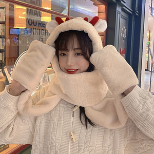 Christmas Reindeer Antler <b>Hat</b> Scarf <b>Gloves</b> <b>Set</b> For Women Winter Plush Warm Three Piece Beige White Gray Khaki Dusty Rose Light - Product Image 1