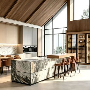 Muebles de Villa Minimalistas Modernos Estilo <span class=keywords><strong>Bauhaus</strong></span>, Gabinetes de <span class=keywords><strong>Cocina</strong></span> de Madera Ecológica con Cierre Suave, Resistentes al Fuego, en Contrachapado Blanco y Amarillo - Product Image 5