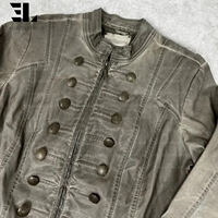 Veste Napoléon en jean vieilli LARSUR, coupe slim, col montant, style motard, avec short en jean, veste hussarde