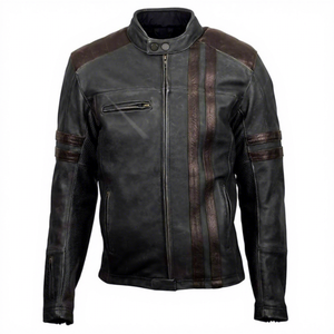Veste moto en cuir véritable marron pour homme, col montant, fermeture éclair, poches, doublure en coton, style automne - Product Image 5