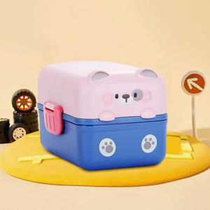 Fiambrera de 2 capas para niños, contenedor de comida para niños escolares con tenedor y cuchara, diseño de oso de dibujos animados, fiambrera Bento para niños, 375ml + 800ml - Product Image 4