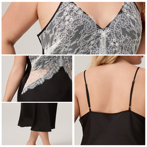 Chemise de nuit en satin grande taille pour femmes, avec dentelle, dos nu, longue camisole, élégante, vêtements de maison, vêtements de nuit, ensemble confortable pour se détendre - Product Image 2