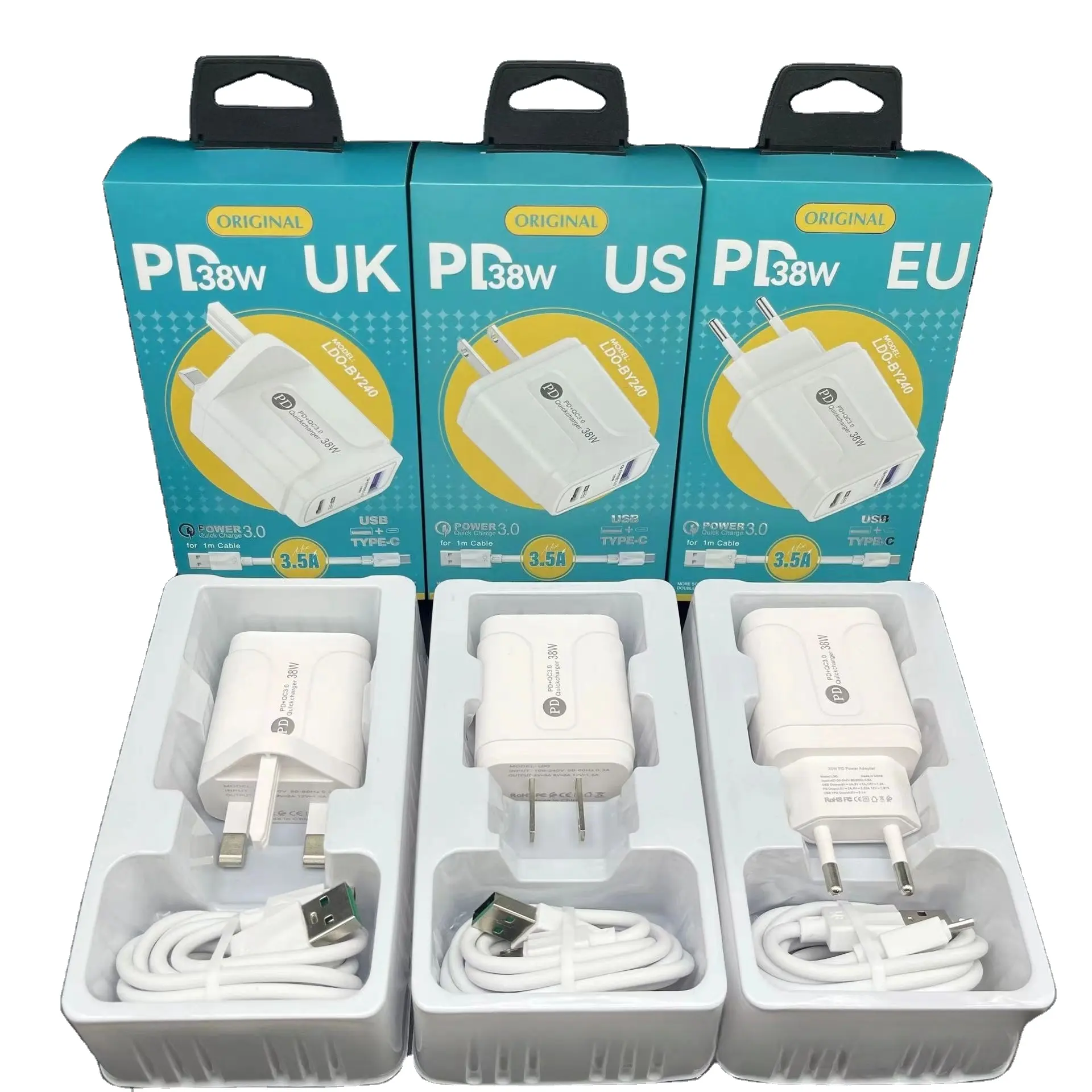 Wholesale A+C mobile phone fast charger set UK/US/EU with charging cable charging head set