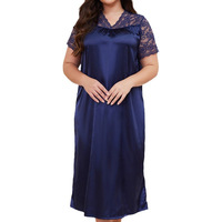 Camisón de satén bordado con cuello en V para mujer, talla grande, liso, suave, sexy, transpirable, sencillo, de manga corta, holgado, para dormir en casa, de verano