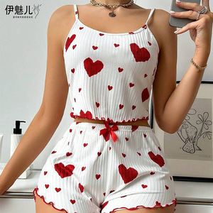 Conjunto de Ropa para el Hogar para Mujer, Venta Caliente Transfronteriza 2024, con Camisola y Pantalones Cortos con Estampado de Corazón, Casual y Puede Usarse en el Exterior - Product Image 1