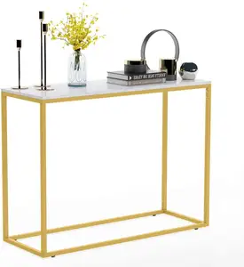 Table Console étroite dorée, 2 pièces, Table en marbre, avec cadre en métal doré, pour l'entrée du salon
