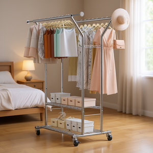 Porte-vêtements en acier au carbone à hauteur réglable, capacité 264 lb, 2 tringles, 2 étagères, séchoir de chambre mobile, rangement - Product Image 2