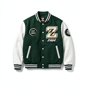 400 GSM Cotton Fleece PU <b>Leather</b> Stand Windproof High Street Varsity <b>Jacket</b> Dark Green White Contrast Sleeve Custom Chenille - Product Image 1