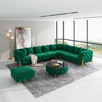 Conjunto de sofá Chesterfield en forma de L gris tradicional de lujo al por mayor, muebles para sala de estar, sofá esquinero de terciopelo con patas doradas