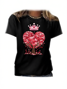T-shirt da donna con stampa Heart Tree Crown, manica corta, girocollo, top casual, per feste di San Valentino, primavera, estate, autunno - Product Image 1