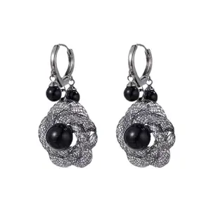 Gothic Black Flower Hanging Pearl Jewelry Black Mesh Vintage Rose Flower Drop Earrings For Women