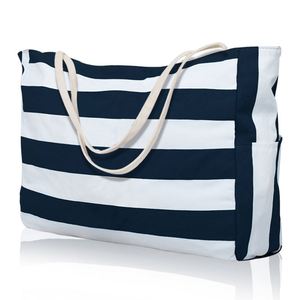 Bolsa de Playa Reutilizable Ecológica a Rayas con Bolsillo Lateral, Bolsa de Hombro de Lona Impermeable de Gran Capacidad - Product Image 1