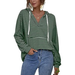 FOXA <b>Women's</b> Long Sleeve <b>V</b> <b>Neck</b> Hoodie Striped Oversized Pullover <b>Sweatshirt</b> Breathable Cotton Bamboo Fiber Drop Shoulder With - Product Image 1