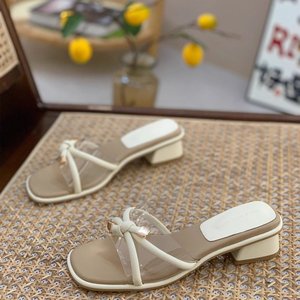 Elegantes Sandalias Beige de PVC con Punta Cuadrada y Tacón Ancho, con Decoración de Lazo, Transpirables, Zapatos de Verano para Mujer - Product Image 2