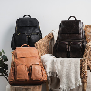 Large Capacity Cowhide <b>Backpack</b> Unisex 14-Inch Laptop Compartment Casual Shoulder Bag Everyday Use - Product Image 1