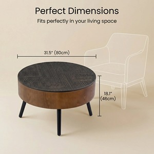 Round Carved Coffee <b>Table</b> 31.5 Inch Mid Century Modern Wooden Storage Four Leg Design - Product Image 6
