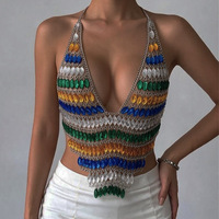 Haut Halter Multicolore 2026 pour Fête, avec Perles de Cristal, Paillettes, Col en V Profond, Strass Scintillants et Chaîne de Corps pour Festival