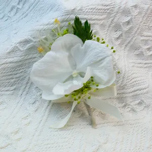Boutonniere de orquídea real preservada para decoração de casamento, com fita de mão para baile de formatura e decoração de festa, branco, 2024