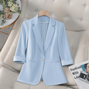 Light Blue Women's Blazer Slim Fit Solid Color Polyester Anti-Wrinkle Spring Summer Casual Suit Jacket For Petite Women - Product Image 5