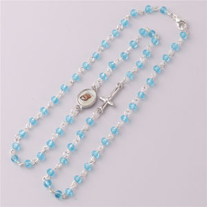 Collana <span class=keywords><strong>da</strong></span> <span class=keywords><strong>donna</strong></span> con catena di perle di vetro <span class=keywords><strong>da</strong></span> 4mm con <span class=keywords><strong>rosario</strong></span> blu cattolico di nuovo Design con croce e medaglia religiosa - Product Image 3