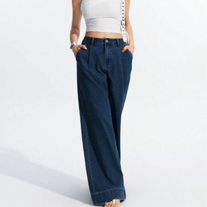 أزياء المرأة عالية الخصر تنفس جيب مطوي واسع الساق الجينز فضفاضة تنوعا متعرج فضفاض المرأة الجينز عارضة الجينز السراويل - Product Image 5