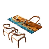 Table à café/thé/salle à manger de style minimaliste en résine époxy, plateau en bois massif à motif ondulé, meubles de salon