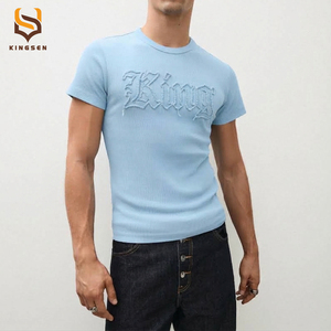 Men Summer Casual Ribbed Knit T-Shirt <b>Vintage</b> Streetwear Slim Fit Short Sleeve <b>Graphic</b> Letter Embroidery Custom Logo <b>Tee</b> - Product Image 1