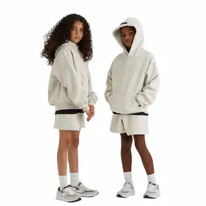 330G di puro cotone ragazzi e ragazze Terry maglione con cappuccio per bambini tinta unita sport in bianco felpa con cappuccio per bambini set di tute