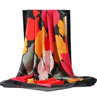 Novidade personalizado senhoras colorido folha imitado cetim de seda quadrado cachecol para a primavera