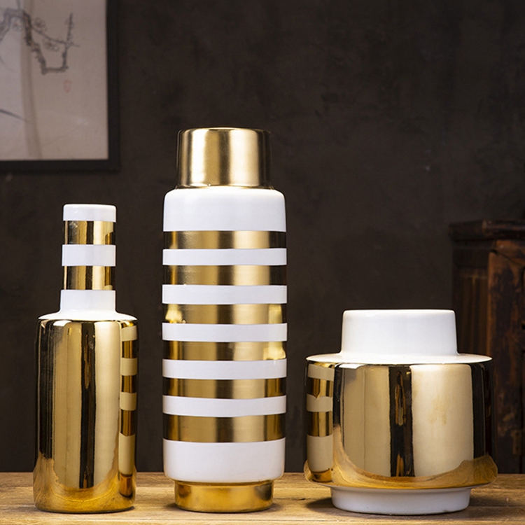 Modern contracted living room tabletop furnishing gold plated white ceramic vase