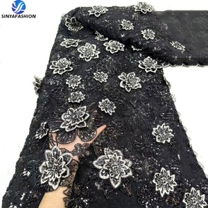 Phi đen 3D hoa hạt Sequins thêu ren vải chất lượng cao nặng phụ nữ thiết kế đám cưới Đảng hạt Sequins ren - Product Image 1