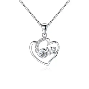S999 Sterling Silver Necklace Love themed Silver Pendant on a Simple Collarbone Chain Personalized Jewelry for Woman