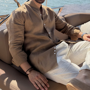 <span class=keywords><strong>Camicia</strong></span> Casual da Uomo Autunnale, Tinta Unita, Taglie Forti, <span class=keywords><strong>Marrone</strong></span> Scuro, con Colletto Rialzato, in <span class=keywords><strong>Lino</strong></span> a Maniche Lunghe - Product Image 3