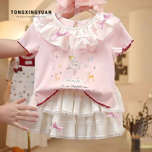 Tongxingyuan Girls Summer Short Sleeve Printed T-Shirt With <b>Cake</b> Skirt Breathable Baby Doll <b>Collar</b> Dress - Product Image 1
