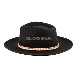 GlowRan Simple cuerda Trim otoño ala corta lana Fedora marrón hombres vestido sombreros