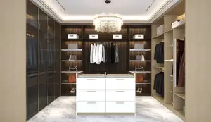 Luxury Walk In Closet Customized Wardrobe With Island Opening Shelves With Glass Door And LED Design Discount Price