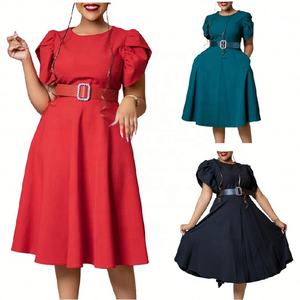 Vestidos de Oficina de Verano para Mujer, Cuello Redondo, Manga Corta, Elegantes, Fruncidos, Estilo Africano, <span class=keywords><strong>con</strong></span> Cinturón - Product Image 1