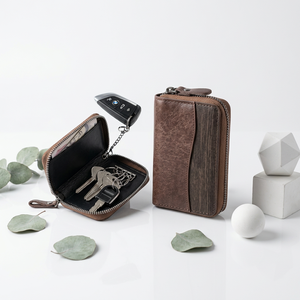 WRIZA Porte-clés en cuir véritable avec fermeture éclair, design à panneaux, étui portable pour clés de voiture pour hommes, étui à clés de voiture en cuir - Product Image 2