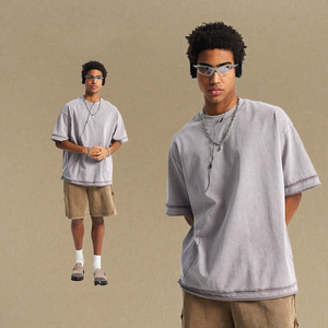 T-shirt en coton 100% tricoté délavé à l'acide, style décontracté à col montant surdimensionné, motif de lettres, respirant, en soie - Product Image 5