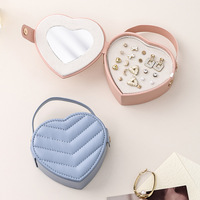 Boîte à bijoux en forme de cœur, étui de rangement portable en PU avec miroir, doublure en velours doux pour bagues, boucles d'oreilles, cadeau de voyage