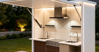 Îlot de cuisine extérieur modulaire en acier inoxydable sur mesure avec barbecue, évier, réfrigérateur et hotte aspirante pour patio et cuisine extérieure