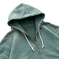 Vente en gros de sweats à capuche zippés pour hommes en coton épais, de haute qualité, vert ardoise délavé soleil, effet déchiré, style rétro vintage
