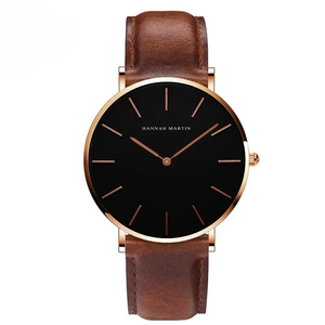 Reloj de cuarzo minimalista para hombre con esfera grande, caja en tono oro rosa, correa de cuero marrón, resistente al agua, informal, a la moda - Product Image 1