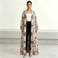 Abaya Kimono Longue Plissée à Col Montant et Imprimé Floral Ethnique Vintage pour Femmes Musulmanes – Idéale pour l'Aïd et le Moyen-Orient